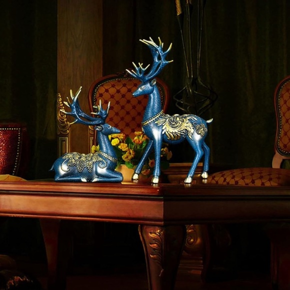 2 Pc Elk Deer Blue Holiday Decor Statues - Picture 5 of 12
